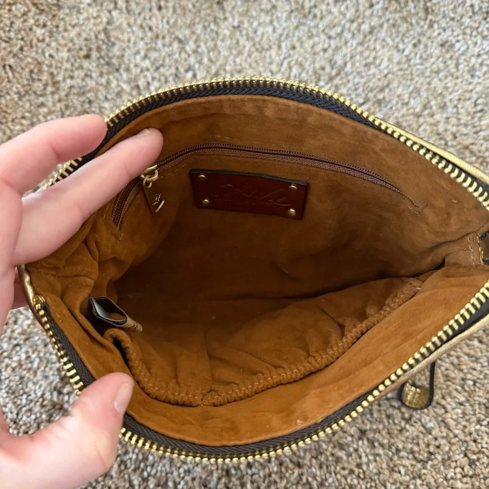 PATRICIA NASH Distressed Metallic Raffia Clutch Wristlet in Antique Gold